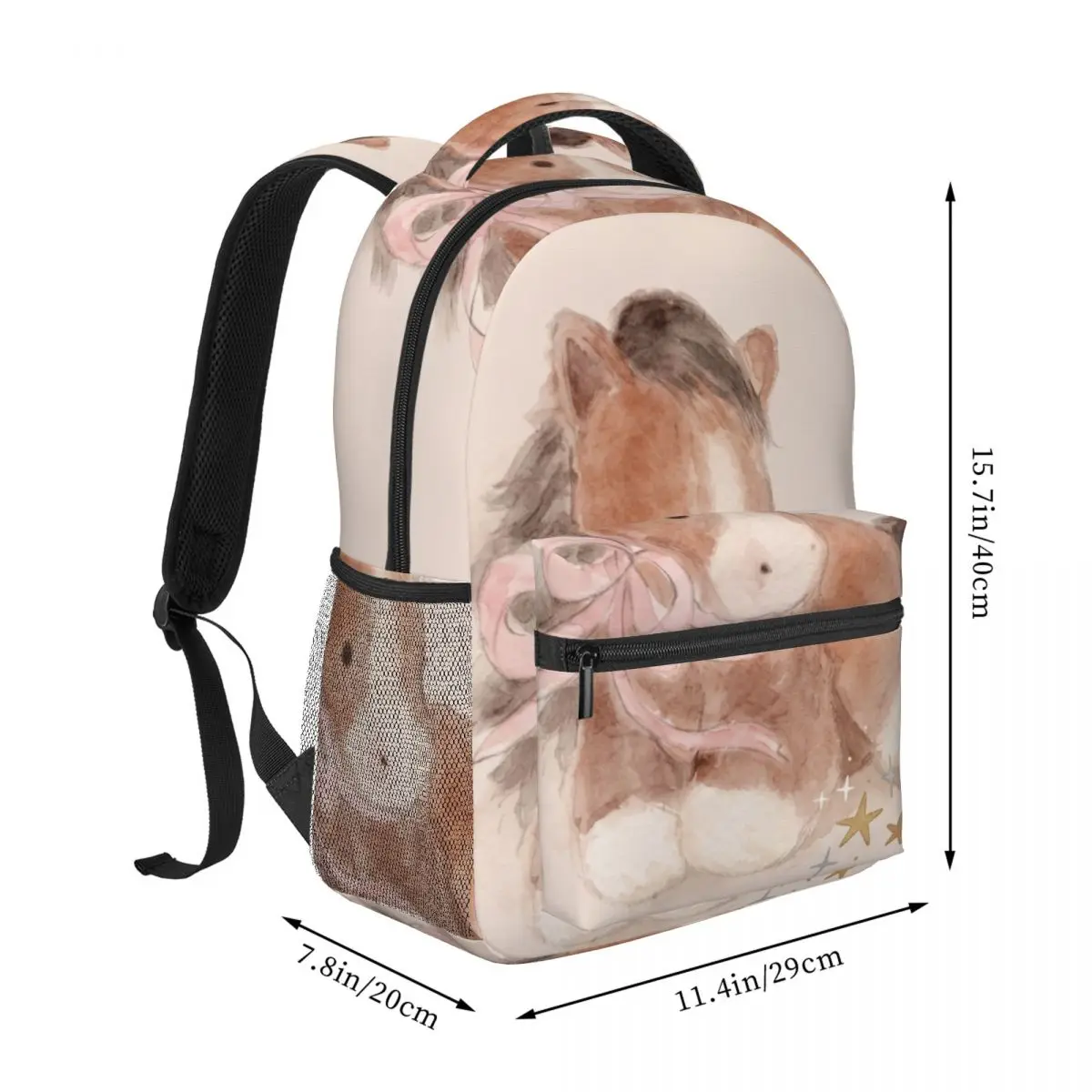 Rainbow Unicorn School Backpack Center Watercolor Pony Whimsical Illustration Beige Brown White Bright Daypack for Primary Boys