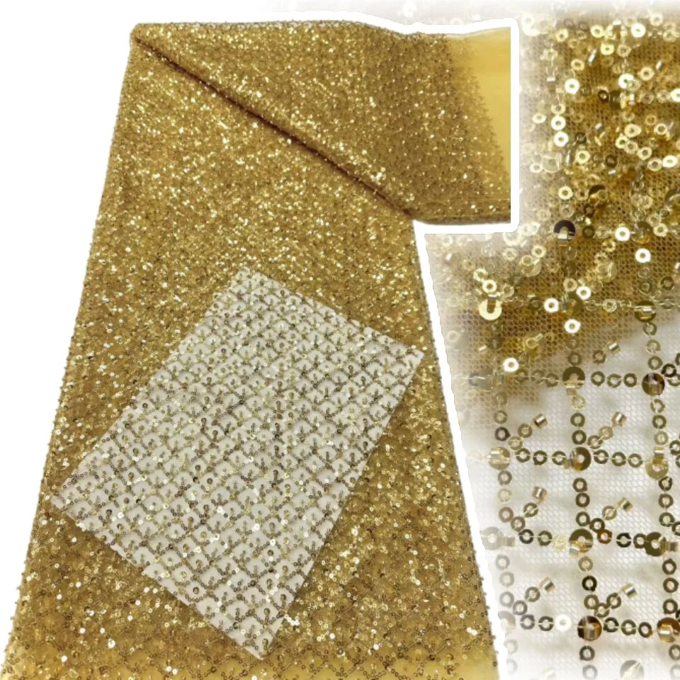 

Gold African Sequins Mesh Lace Fabric High Quality French Groom Lace Fabric Nigerian Lace Fabrics for Women Party Dress S1592