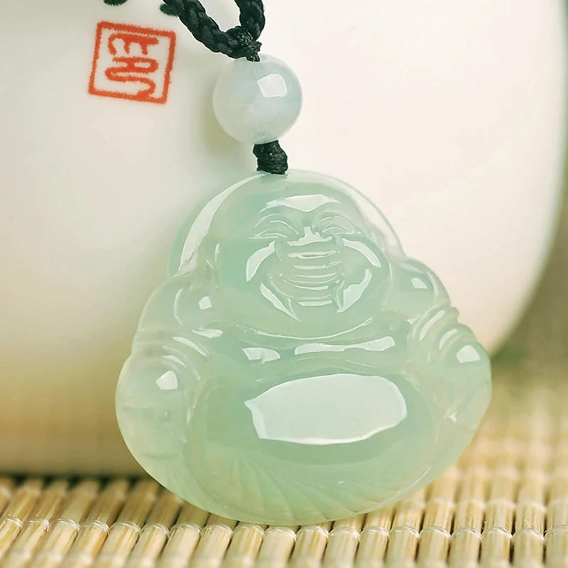 

Nature A Grade Myanmar Emerald Pendant Happy Buddha Amulet Bless Lucky Talisman Magical Energy