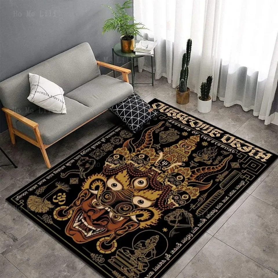 Black Tarot Card Monster With Five Eyes Bodhisattva Horse Elephant And Tree Non Slip Flannel Floor Rugs By Ho Me Lili