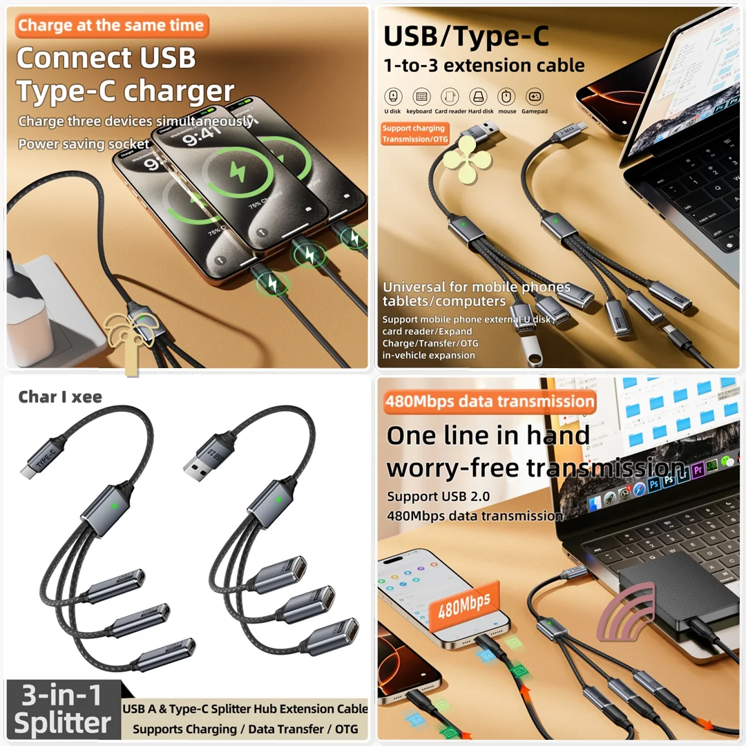 USB A and C 3 in 1 Splitter HUB Extension Cable Multi Port Expander OTG Adapter Laptop Docking Station Peripheral Connect