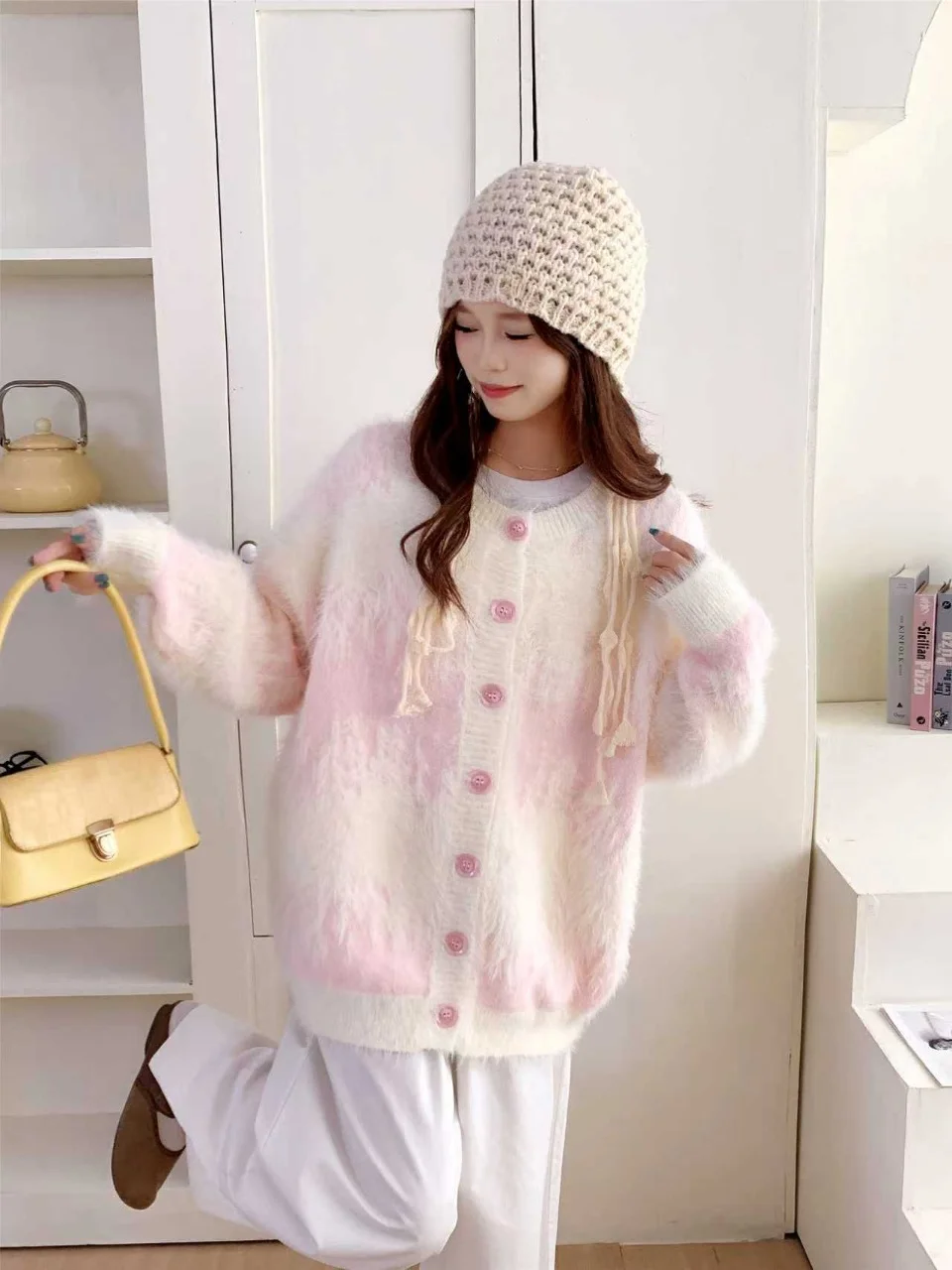 

Soft Faux Fur Lazy Sle Knitted Sweater Coat Women's Autumn Winter Loose Open Cardigan Top High School Students