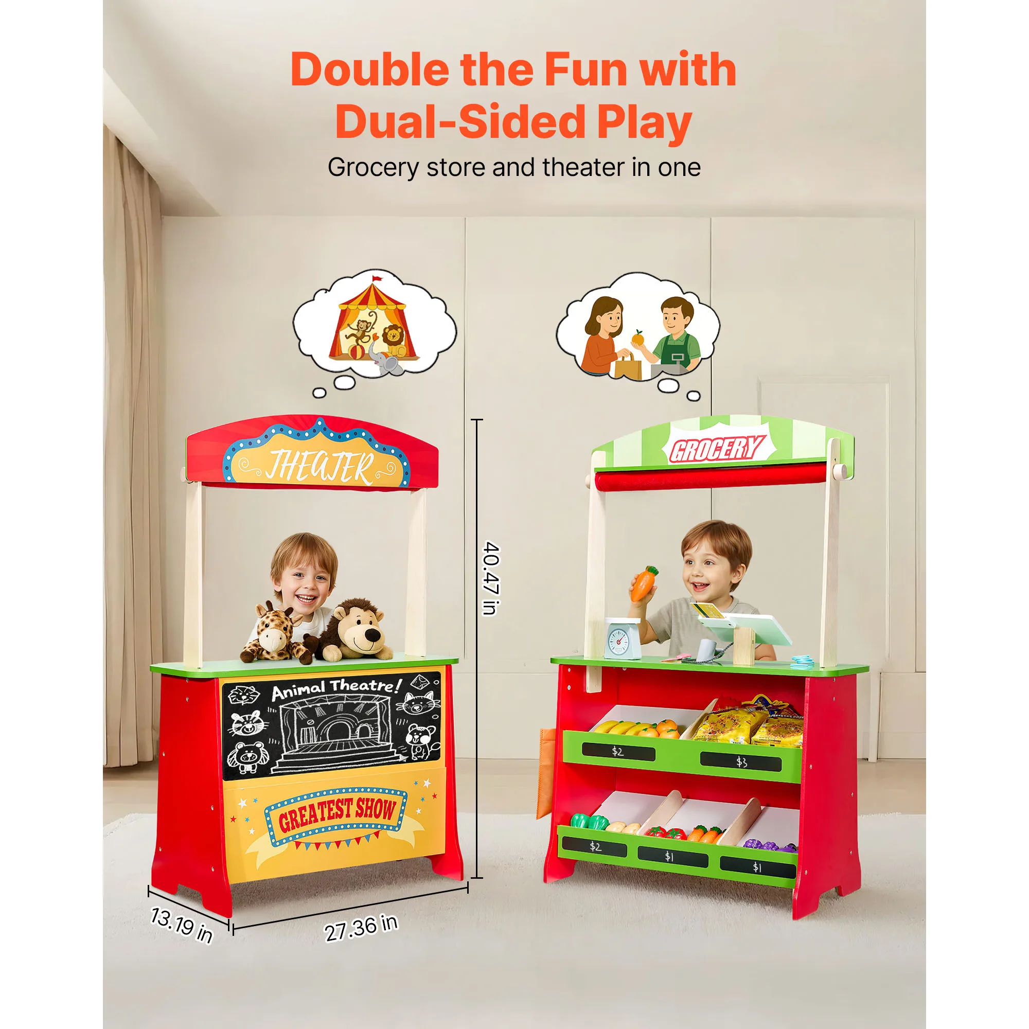 SucceBuy 2-in-1 Kids Wooden Puppet Theater Grocery Store with Curtains Reversible Play Store Playset Toys for Children Gifts