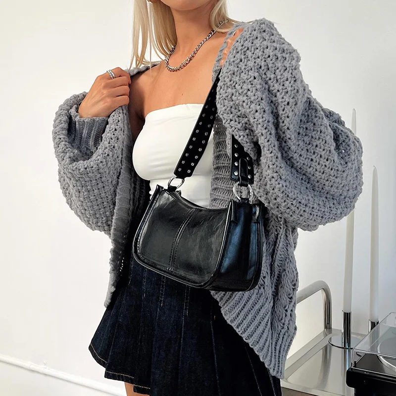 Vintage Grey Knit Cardigan Coat Crochet Long Sleeve Loose Knitwear Ripped Hollow Out Women Sweaters French Trend Streetwear