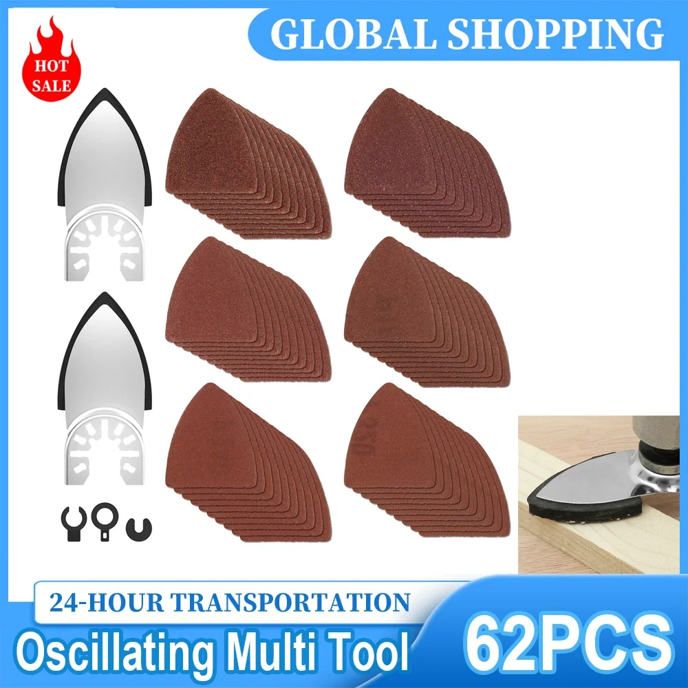 

62Pcs Oscillating Multi Tool Triangular Hook Loop Sandpaper Oscillating Multi Tool Sanding Pad Multi 60/80/120/180/240/320 Grit