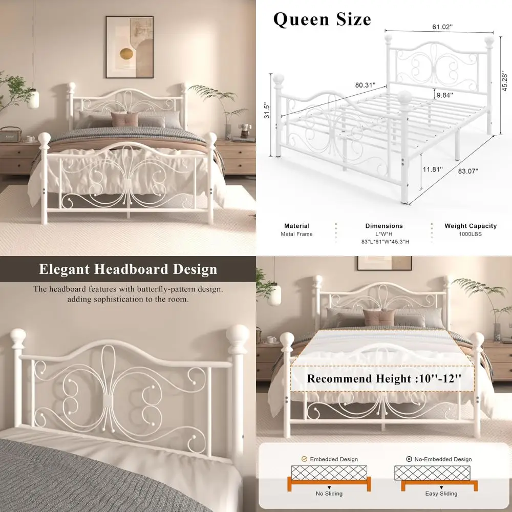 Metal Queen Bed Frame with Butterfly Pattern Headboard and Footboard, featuring a Strong Slat Support System