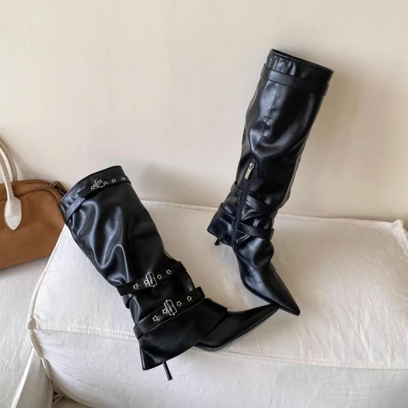 حذاء برقبة للركبة موضة أشار تو الجانب سستة رصع مشبك معدني لينة وحيد عدم الانزلاق كعب أحذية من الجلد