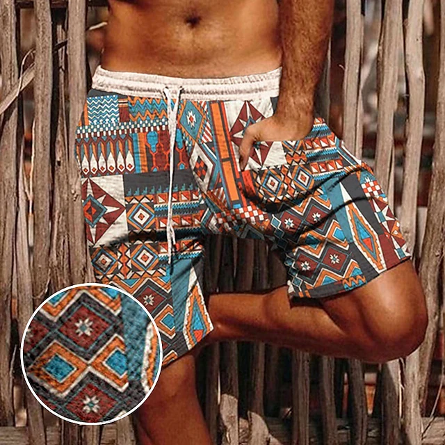 

Men's Vintage Graphic Prints Geometry Summer Shorts Board Shorts Casual Mid Waist Streetwear Stylish Ethnic Style Daily Bottoms