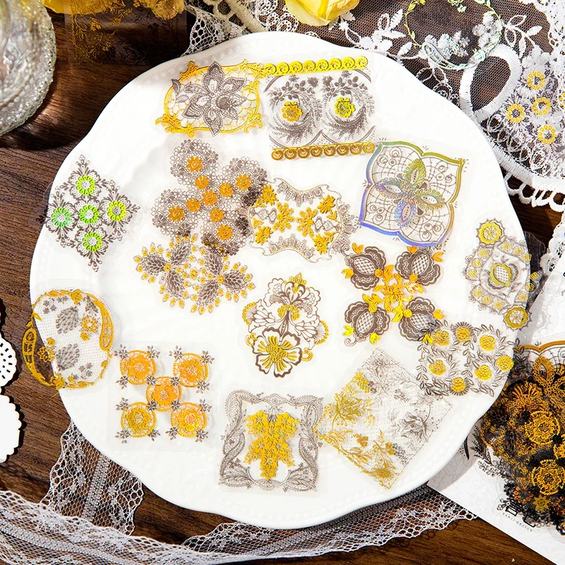 30 pieces PET Hot Gold Stickers Lace Flower Night Series Journal DIY Decoration Supplies Stickers 6 Styles stickers