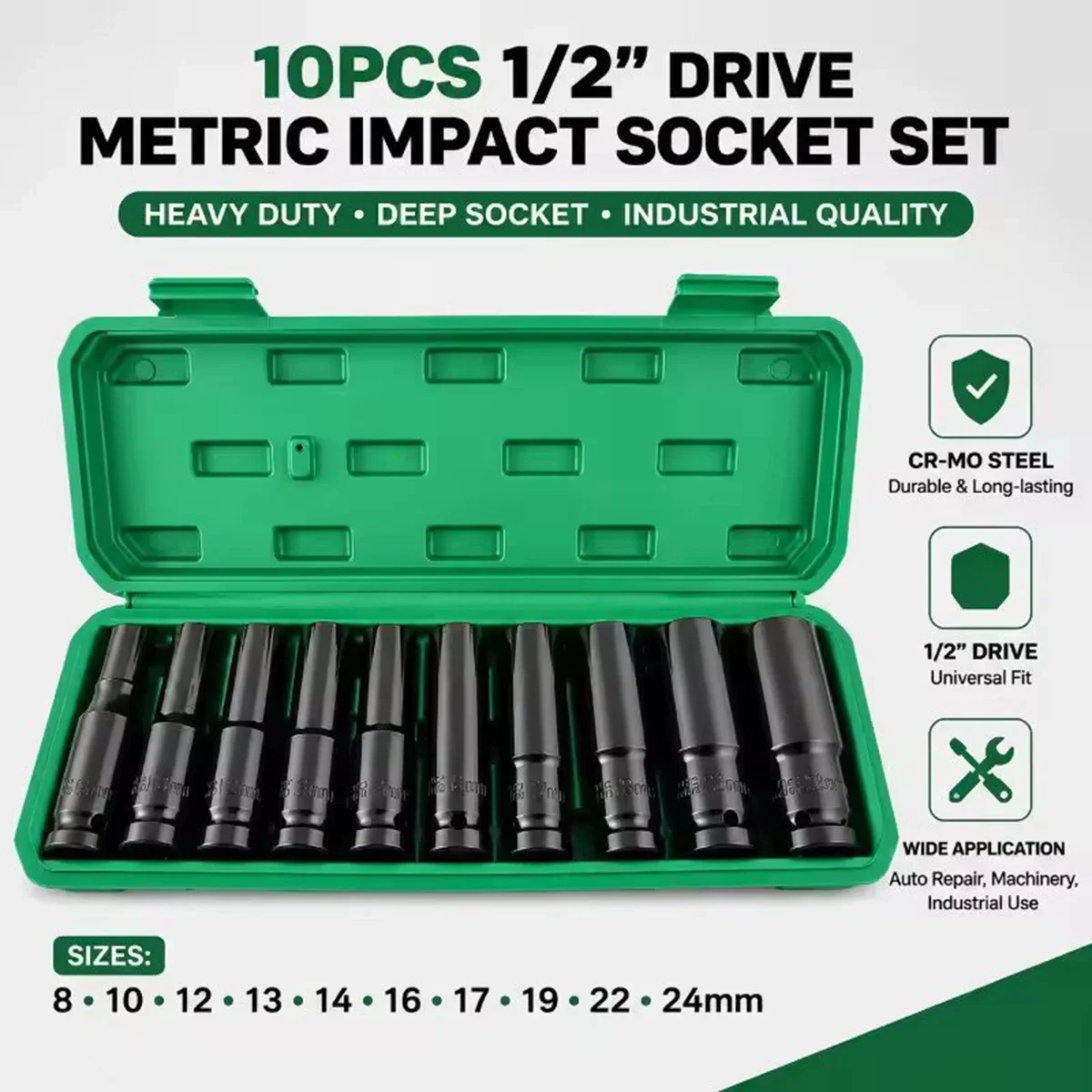 10Pcs 1/2 Inch Drive Metric Deep Impact Socket Set High Strength Long Sockets For Pneumatic Wrench Auto Repair Maintenance