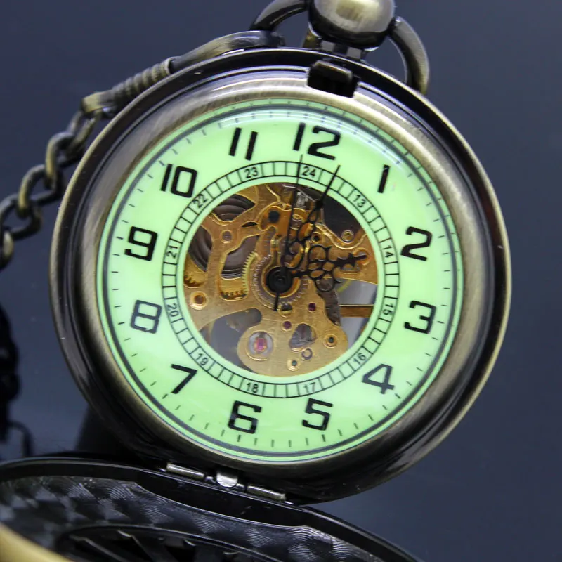 Luxury Luminous Mechanical Pocket Watch Bronze Hollow Wheel Hand-Winding Steampunk Pocket Hanging Chain Antique Watch Best Gifts