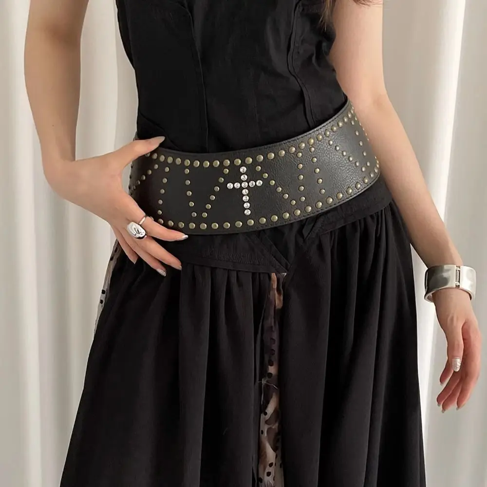

American Vintage Cross Rivet Belt Wide Heavy-Duty Leather Waist Belt Black Y2k Women's Dress Belt Waist Accessories
