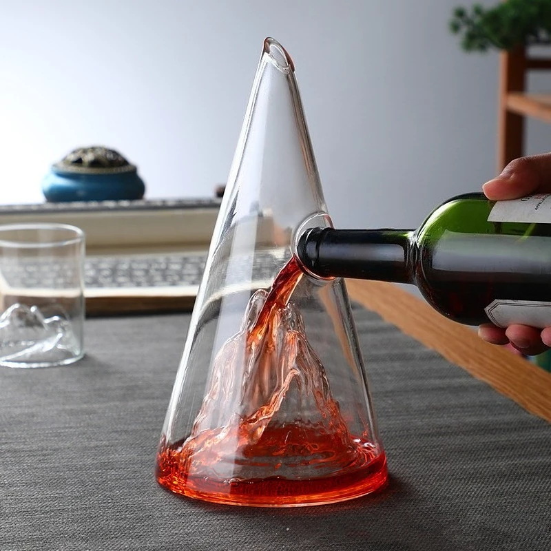 Conical Glass Wine Decanter with Embossed Mountain Interior Household Red Wine Aerator Decorative Drinkware for Home Bar Use
