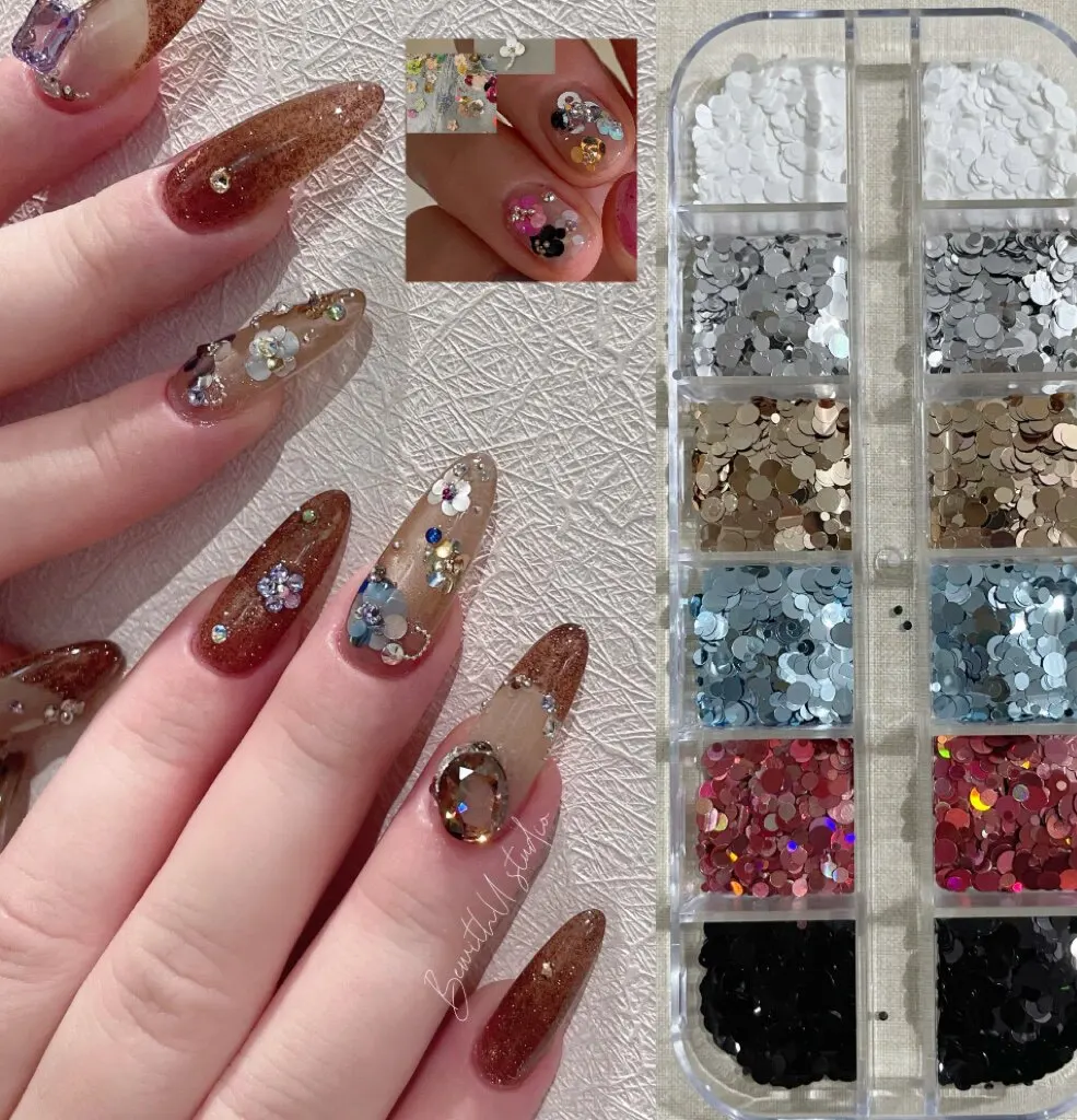 KANIU 12 Grid 0.8/1.0/2.0/3.0mm Multicolor Polka Dot Sequin Nail Art Accessories Spliced Flower Assorted Nail Art Decoration Kit