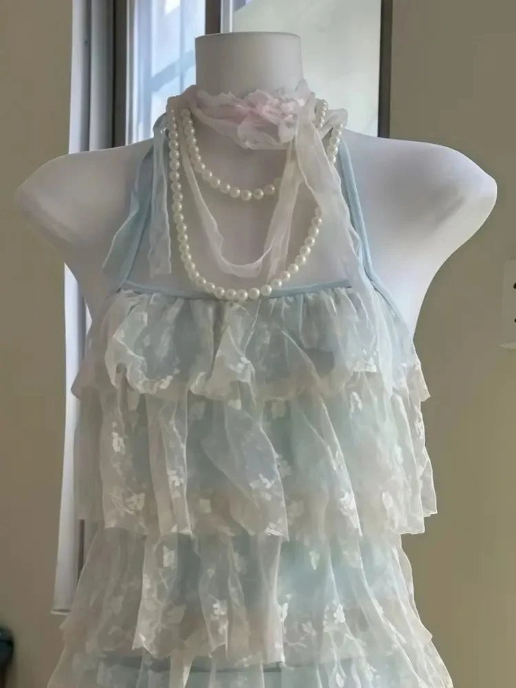 여름 달콤한 귀여운 레이스 업 2 피스 세트 여성 캐주얼 레이스 스플 라이스 민소매 슬래시 넥 탑 + Y2k 하이 웨스트 미니 스커트 한국어