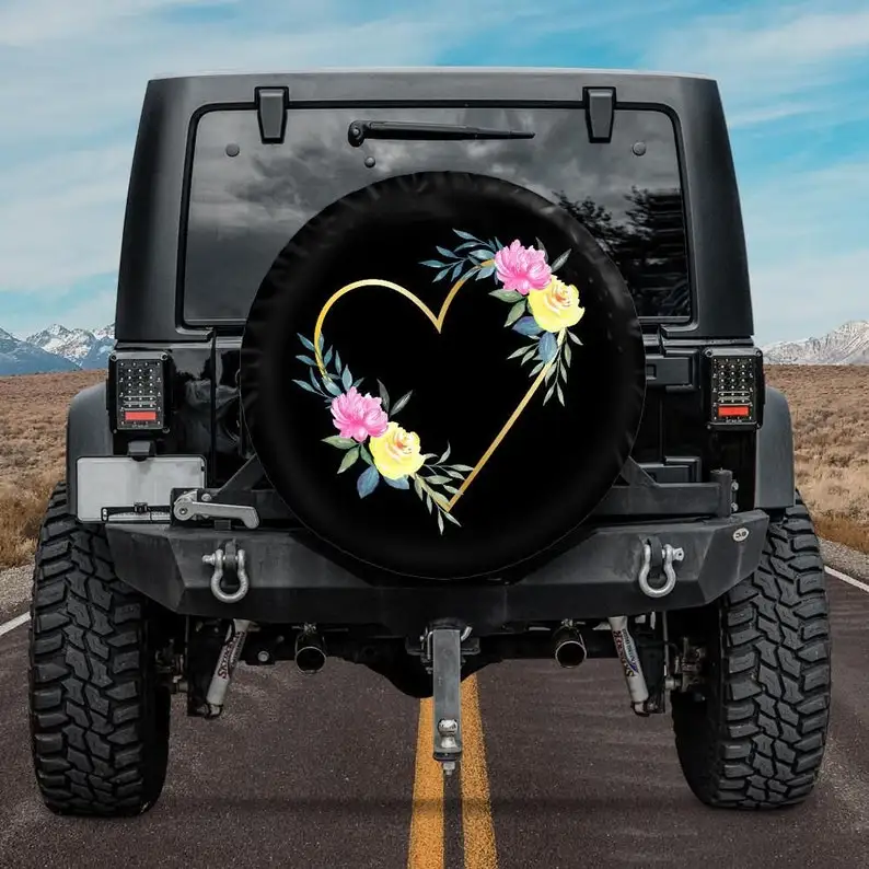 Spare Tire Cover Floral Heart Wreath, Backup camera hole option, Valentine's Car Tire Cover, Car girl gift idea, Heart wheel c