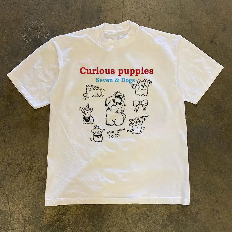 Loose Fit Cotton T-Shirt Short Sleeve Double Thread Retro American Style for Couples Men Women Casual Summer Printed Tee