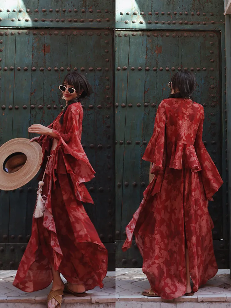TIYIHAILEY Long Maxi Irregular Skirts For Women Elastic High Waist Casual Printed Ladies Outerwear 2Pcs Sets Red 2026 New
