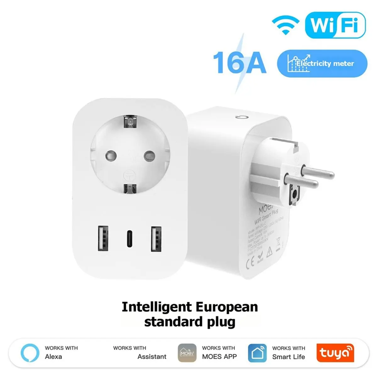 Tuya WiFi Smart Plug 16A EU Socket 2xUSB+1xTypeC with Power Monitoring APP/Voice Control Fast Charging EU Plug