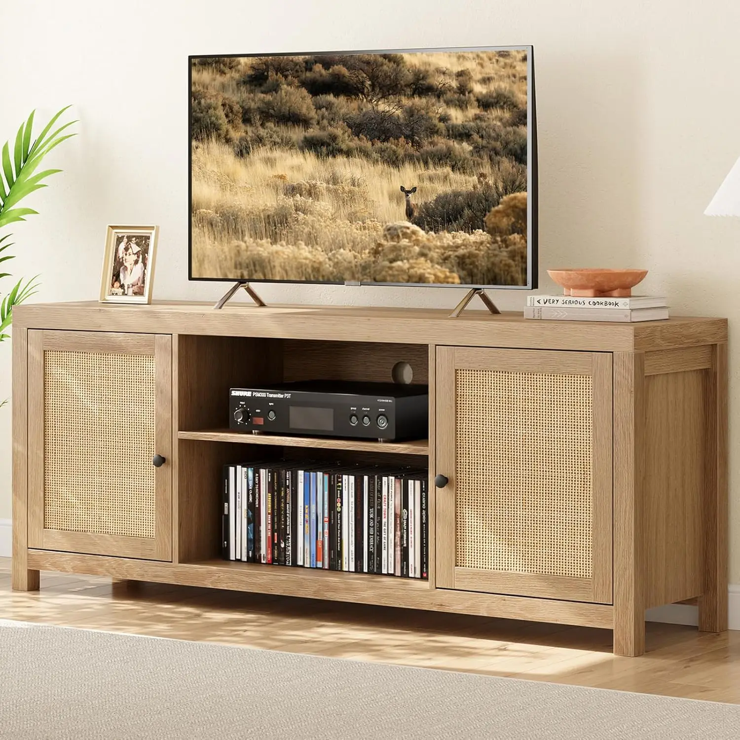 IDEALHOUSE Rattan TV Stand for 75 inch, Boho Entertainment Center with Adjustable Shelves, Natural Oak TV & Media Cabinet 2-Tier