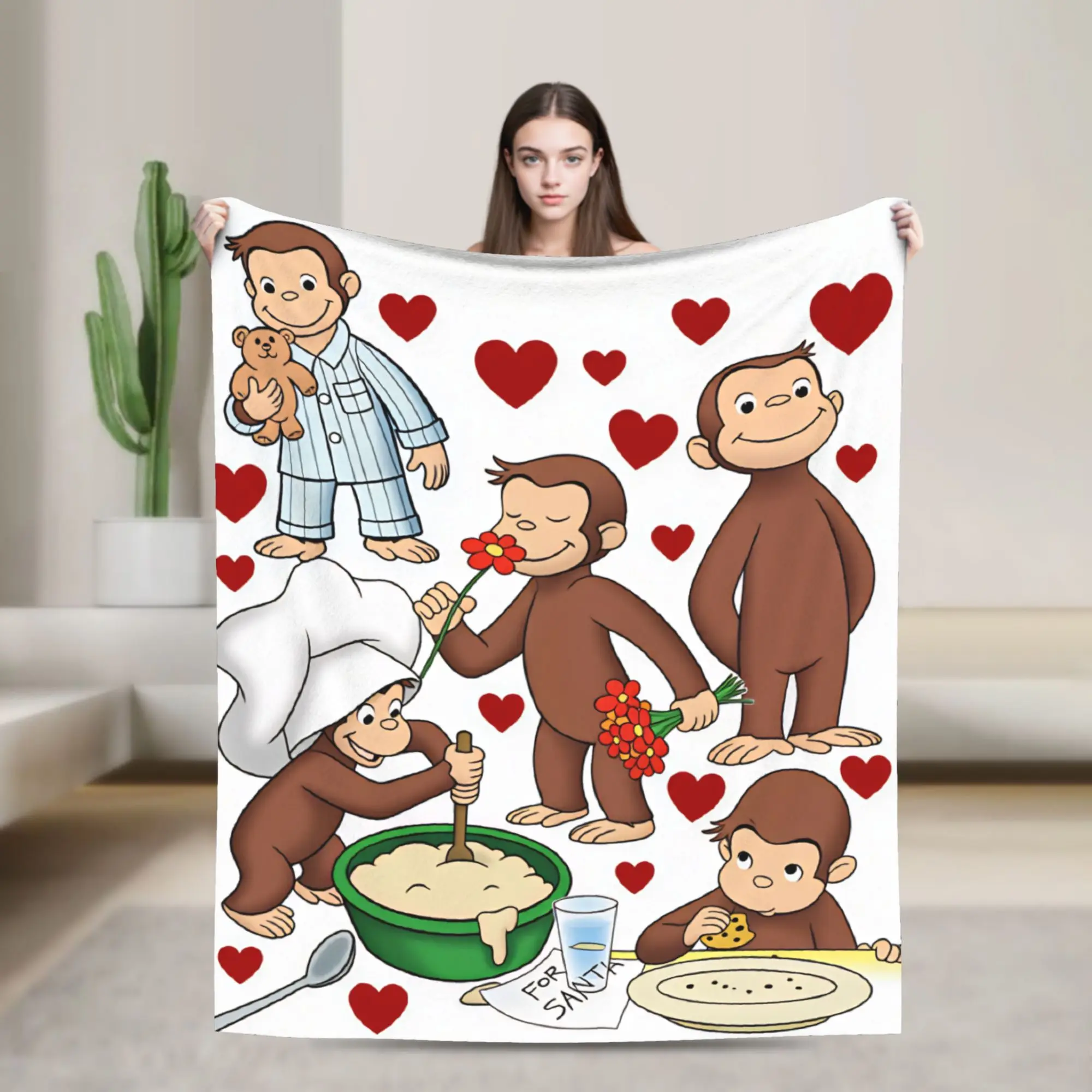 Curious George Sweet Heart Blanket  Warm Soft Pattern Plush Throw Blanket For Couch Chair Decorative Flannel Bedspread Bed Cover
