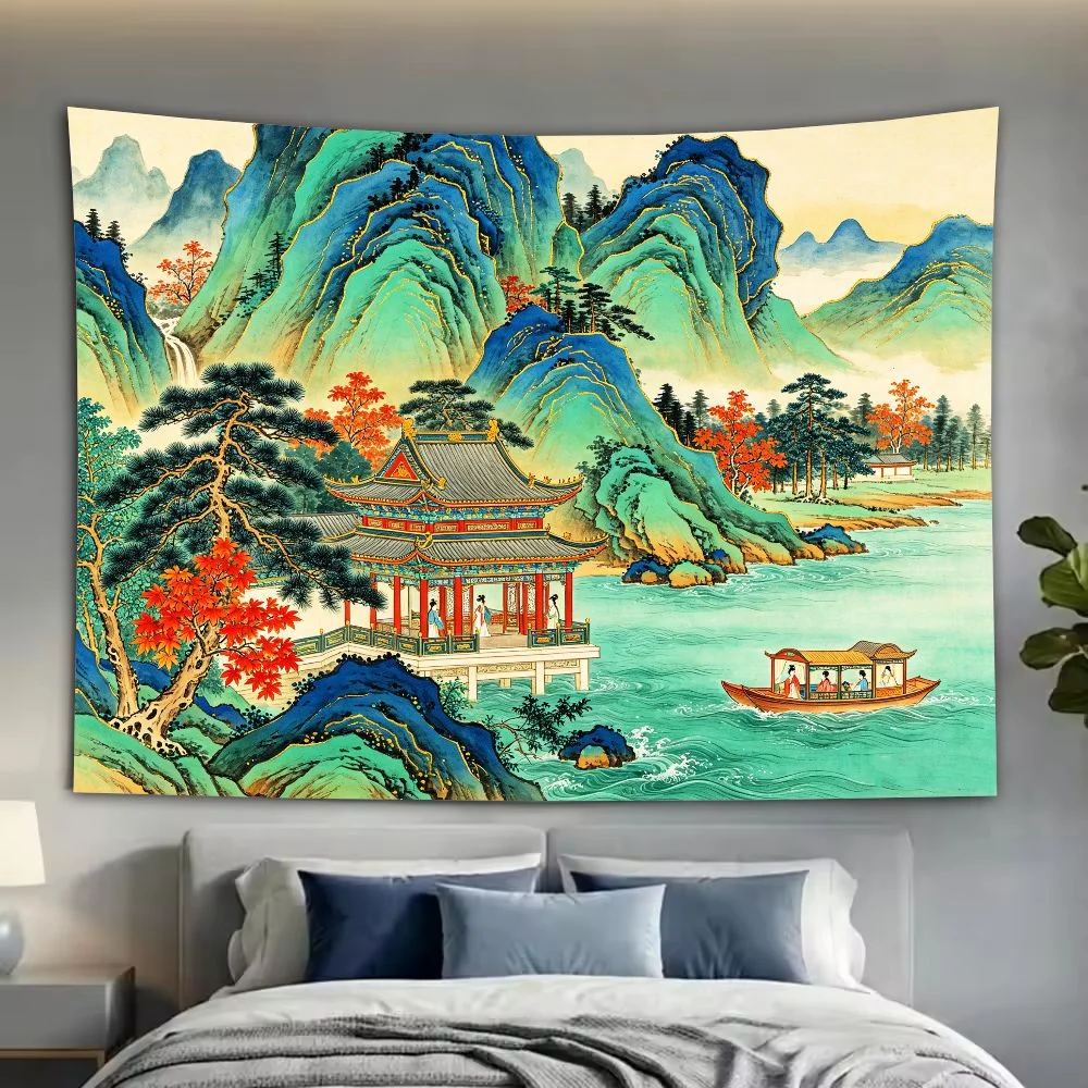VIKAMA Oriental Sea Mountain Tapestry, Ancient Temple Blue Peaks Cloudy Sky Decor