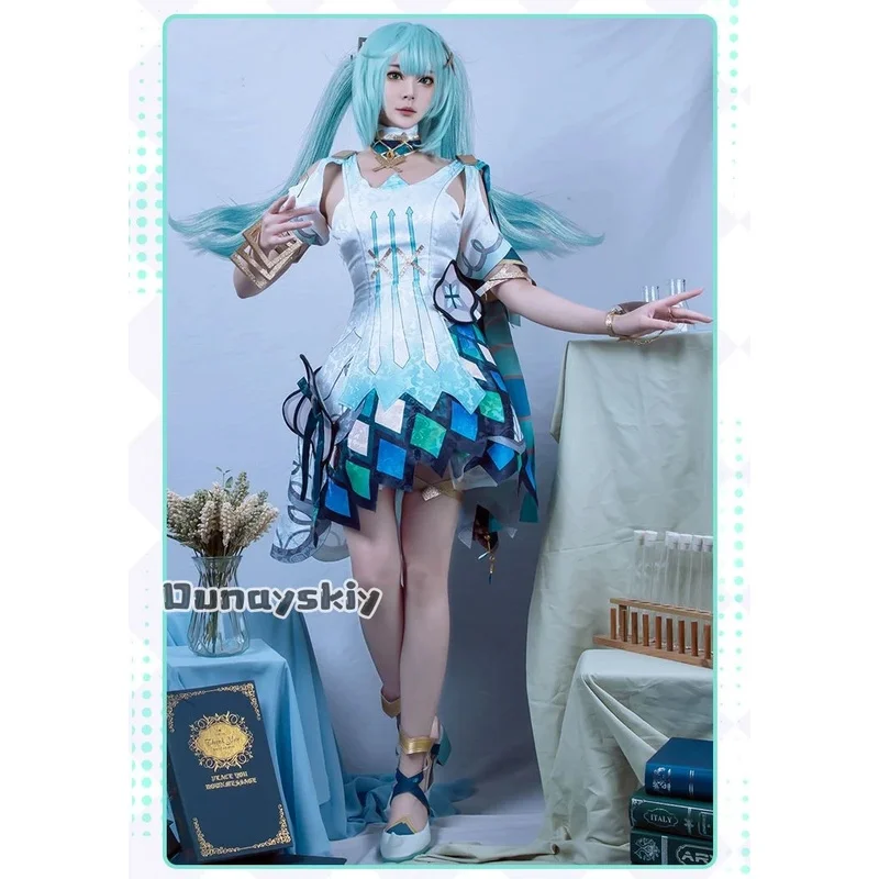 

Women Game Genshin Impact Costume Wig Blue With Double Tail Heat Resistant Synthetic Hair Suit Dress Full Set Faruzan Cosplay