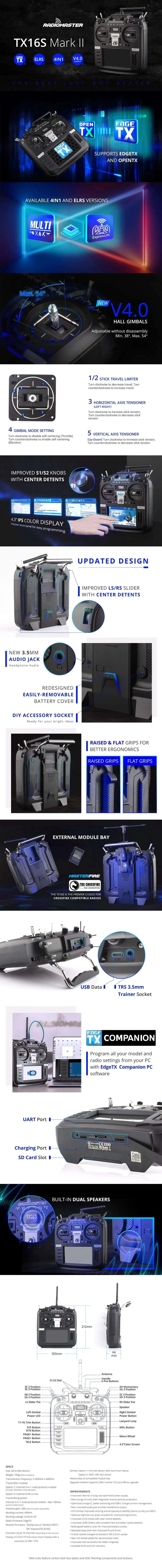 RadioMaster TX16S MKII V4.0 16CH 2.4G Hall Gimbals ELRS 4in1 جهاز إرسال للتحكم عن بعد يدعم EDGETX OPENTX