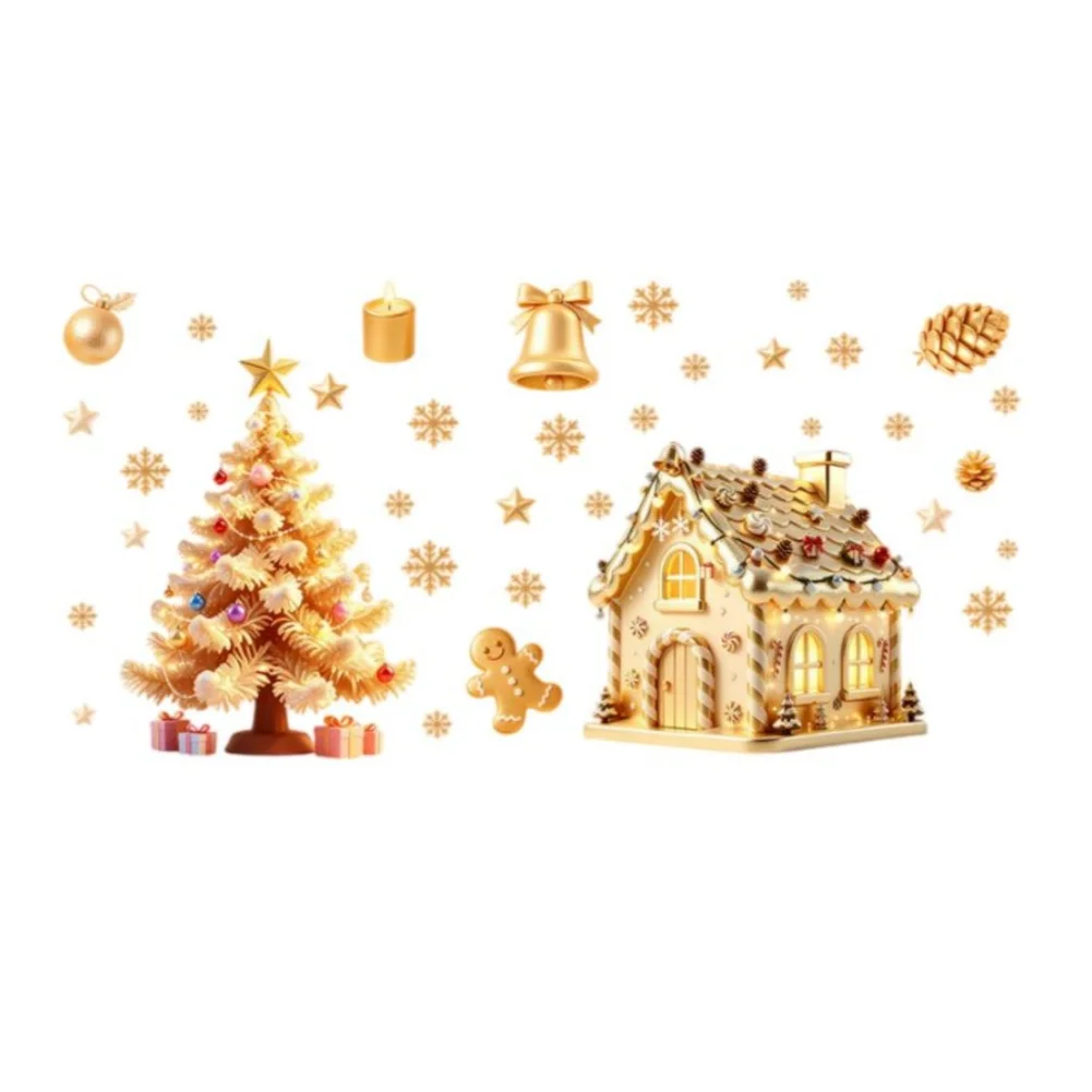 Gold 3D Christmas Window Cling for For static Application on Glass PVC Reusable Holiday Decor Sticker Size 29cm