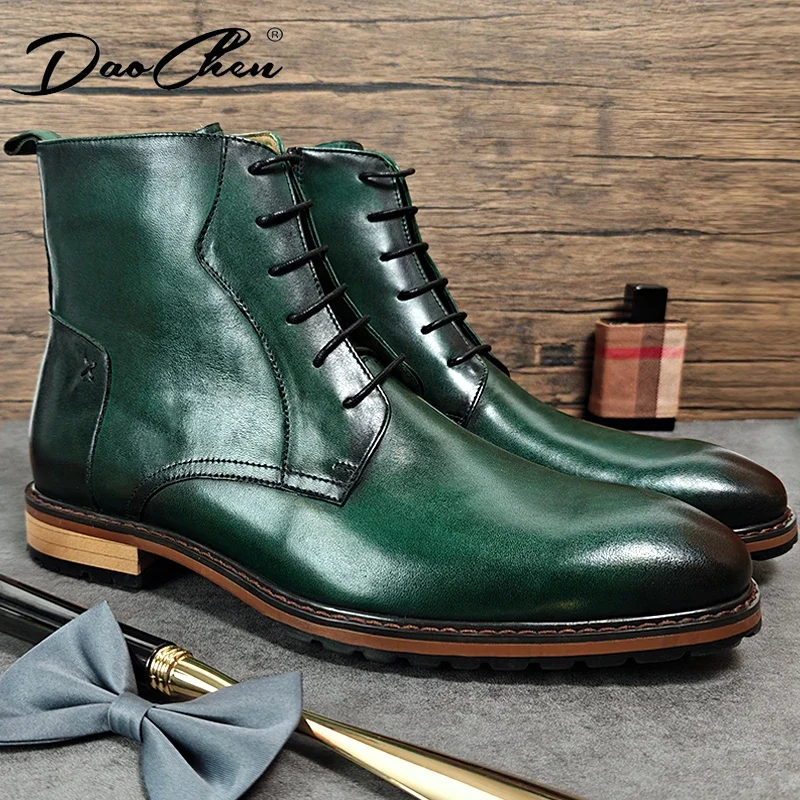 

Handmade Men's Genuine Leather Boots Luxury 2024 Autumn Designer New Style Lace Up Man Casual Ankle Boots Business Shoes Boots