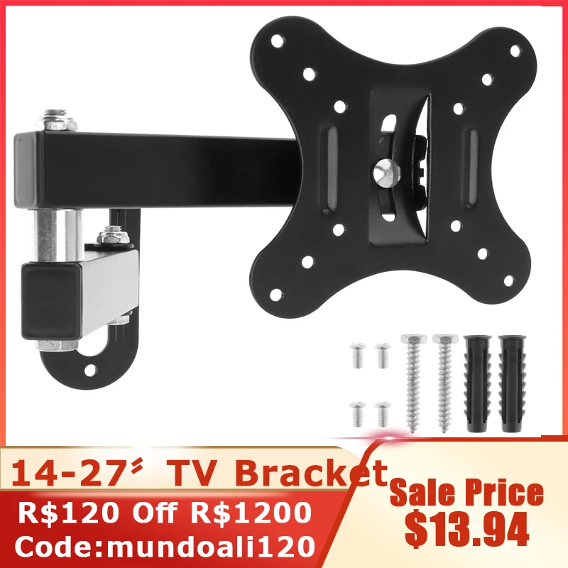 Universal 10KG TV Wall Mount TV Holder Rotate TV Wall Bracket Tilt Swivel TV Stand 15° Tilt for 14-27 Inch LCD LED Monitor