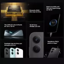 Infográfico técnico do Poco X8 Pro destacando a tela AMOLED, processador, câmera de 50MP e resistência IP68