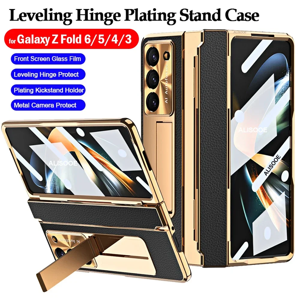 Z Fold 6 Fold 6 5 4  Case Leveling Hinge Capa for Samsung Galaxy Z Fold 6 5 4 3 5G Cases Plating Leather Stand Cover Front Glass