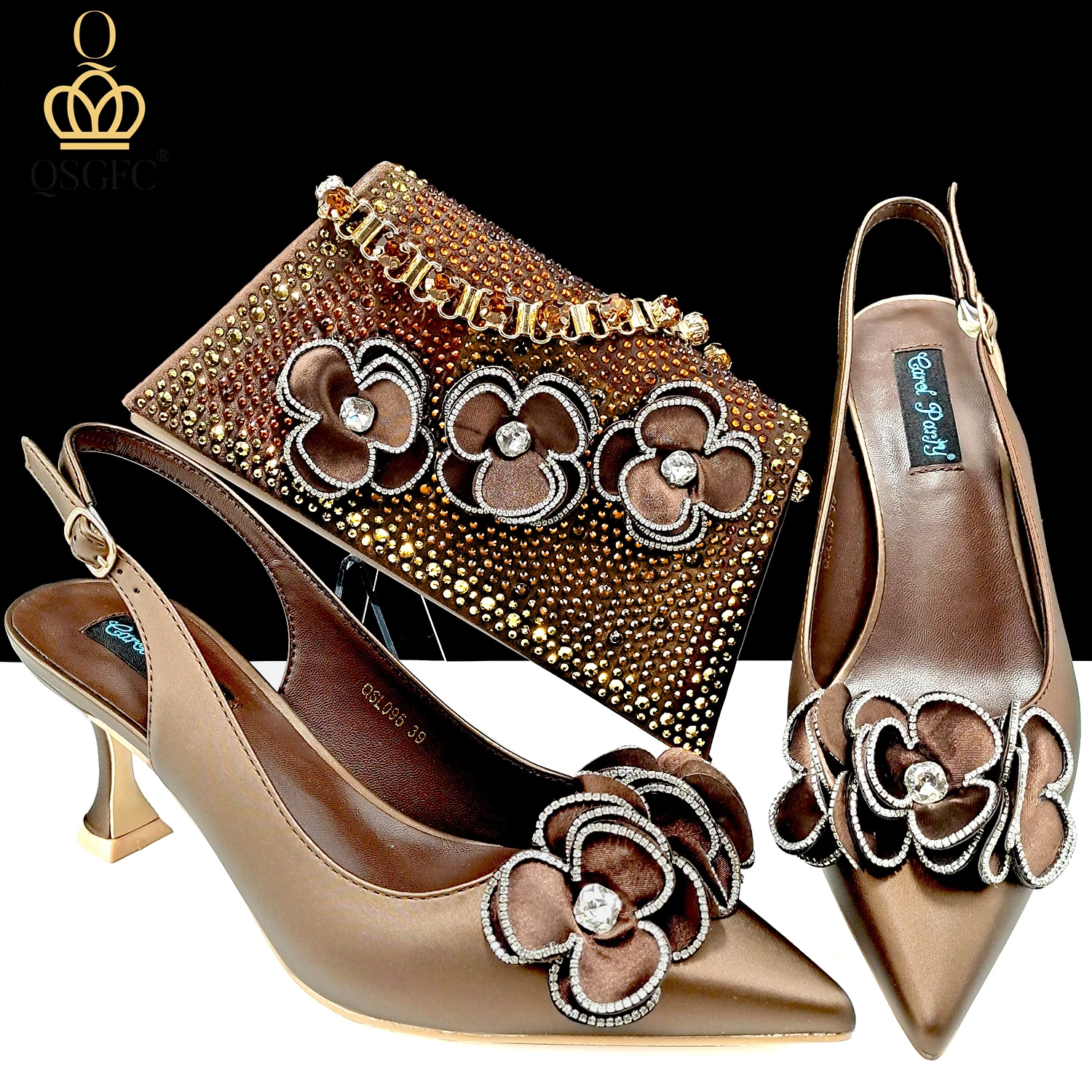 

Newest Mature Style Handmade Flower and full of Rhinestone Design Coffee Color Pointed Toe High Heels Women Shoes and Bag Set