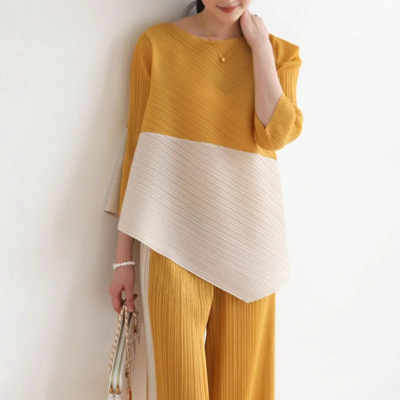 

Miyke high-end pleated set for summer fashion comfort loose fit slimming irregular top T-shirt cropped pants [1126-1127]