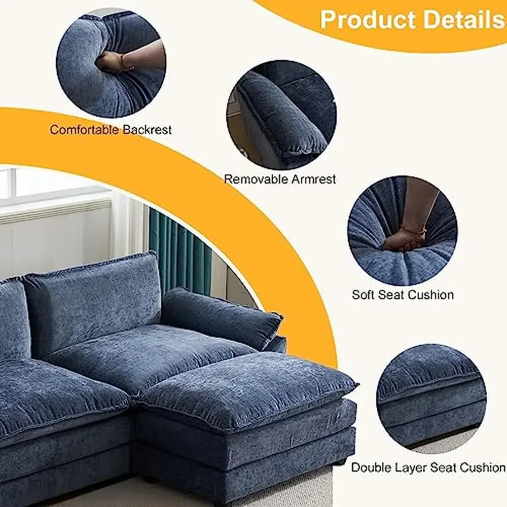 Modular Deep Seat Sectional Sofa Couch with Ottoman Chenille Sleeper Upholstered Furniture Comfy Living Room Apartment Set