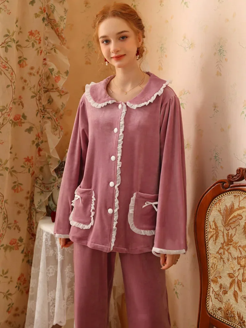 Women Autumn Winter Sleepwear Vintage Princess Thick Pajamas Two Piece Sets Sweet Girl Ruffles Coral Velvet Victorian Nightwear