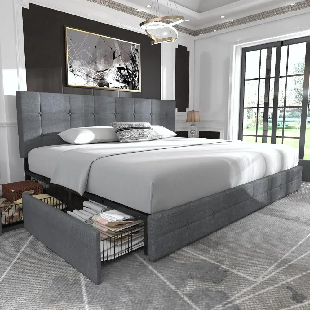 

King / Full/ Queen Size with 4 Storage Drawers and Headboard, Square Stitched Button Tufted, Upholstered Platform Bed Frame