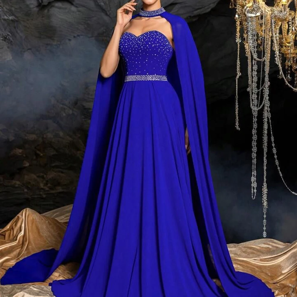 

Women's A-line Evening Dresses Floor-length High-neck Sleeveless Prom Gown Fashion Crystal Stole Simple Draped Customized Gowns