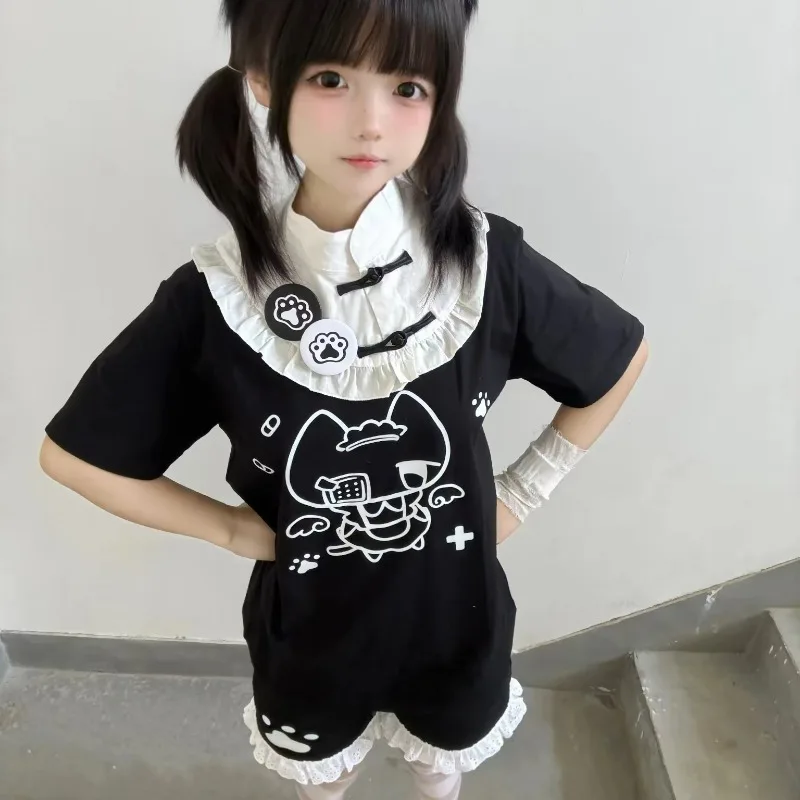 Japanese Kawaii Cat Cartoon Cute Lolita Tops Y2k Aesthetic Lace Patchwork Crop Tees Grunge Contrast Color Vintage Fairy T-shirts