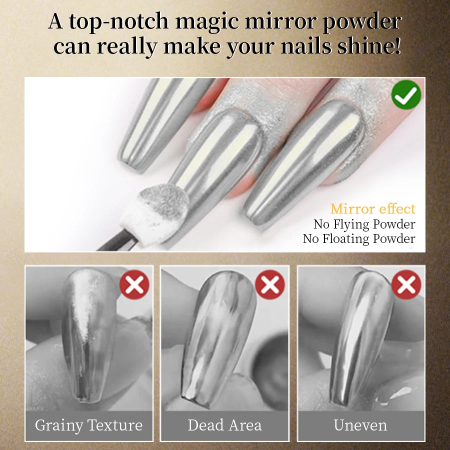 RS كروم مسحوق الأظافر المجسم مرآة سحرية معدنية ذهبية فضية فرك مسمار الفن بريق الغبار لتزيين تصميم الأظافر