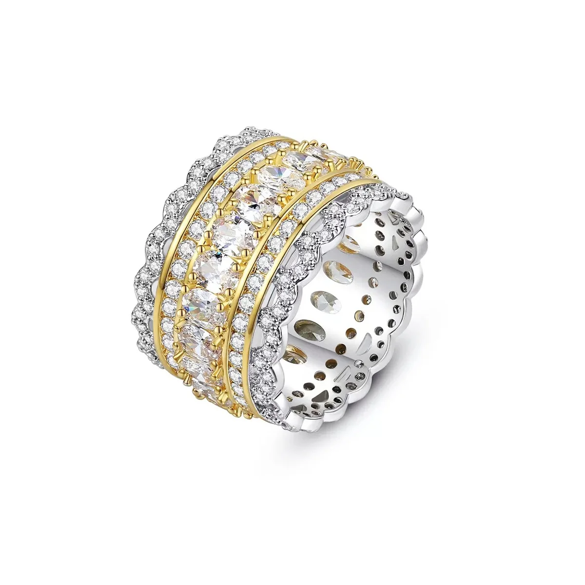 Pera Luxury Two-Tone Wide Ring for Women Full Brilliant Cubic Zirconia Exquisite Superb Party Jewelry Trendy Chic Accessory R220
