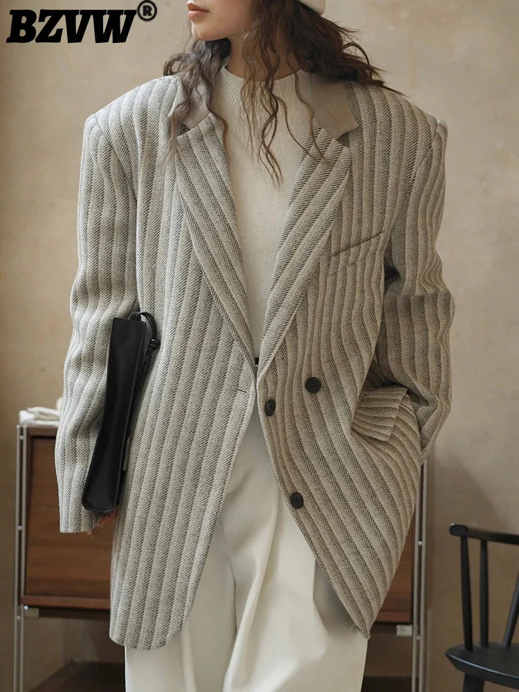 BZVW Vintage Striped Wool Blazer Women Notched Collar Double Breasted Casual Coat Fashion 2024 Autumn Winter New 2AA3703