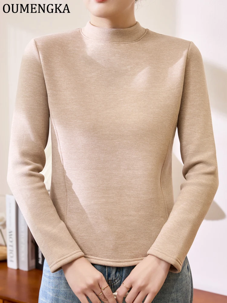 Winter Half Turtleneck Solid Long Sleeve T-Shirt Women New Thick Warm Tops Soft Pullovers Simple Chic Clothes for Cold Weather