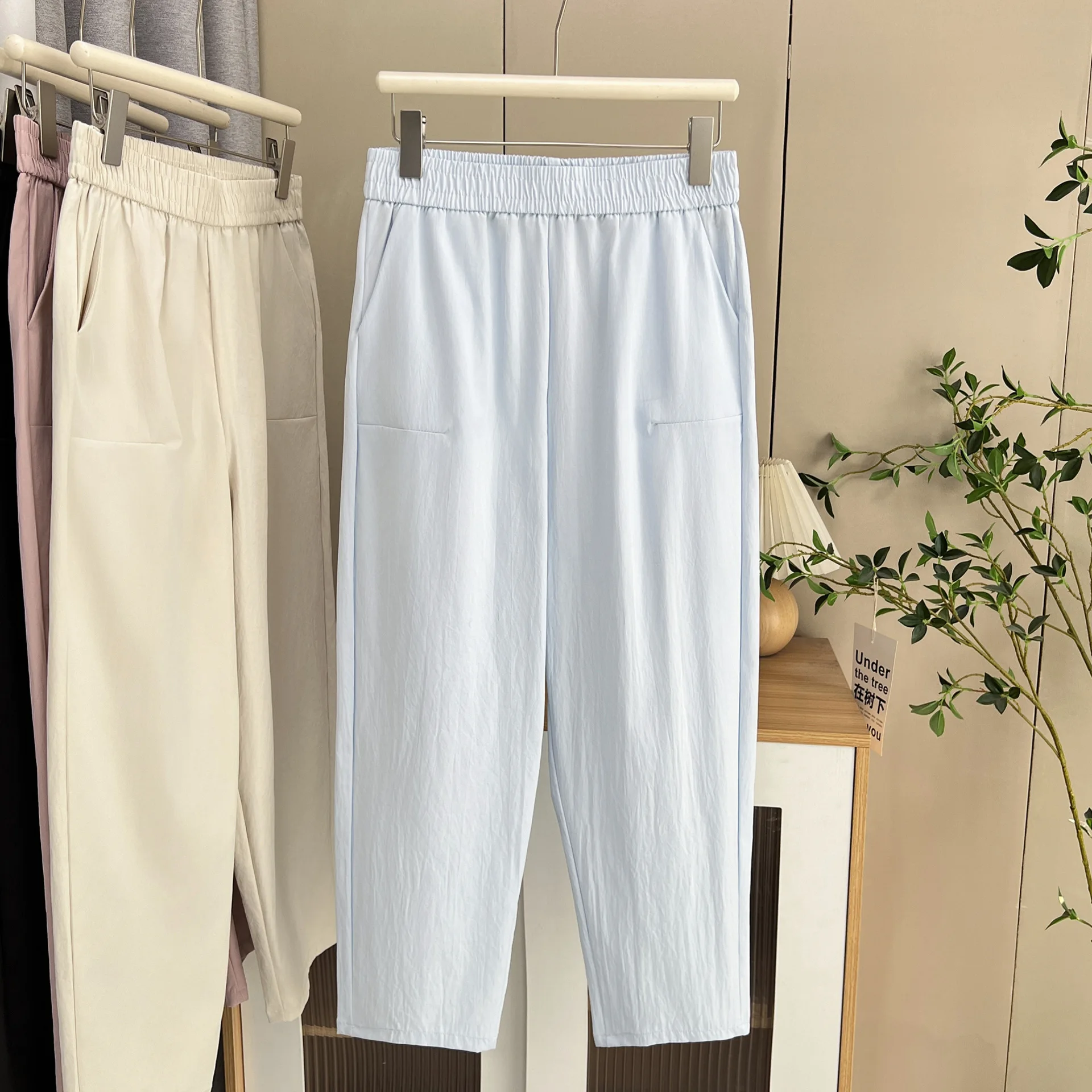 

Летние шаровары больших размеров, 100 кг, повседневная тонкая женская одежда, простые эластичные брюки до щиколотки с эластичной резинкой на талии, 2527