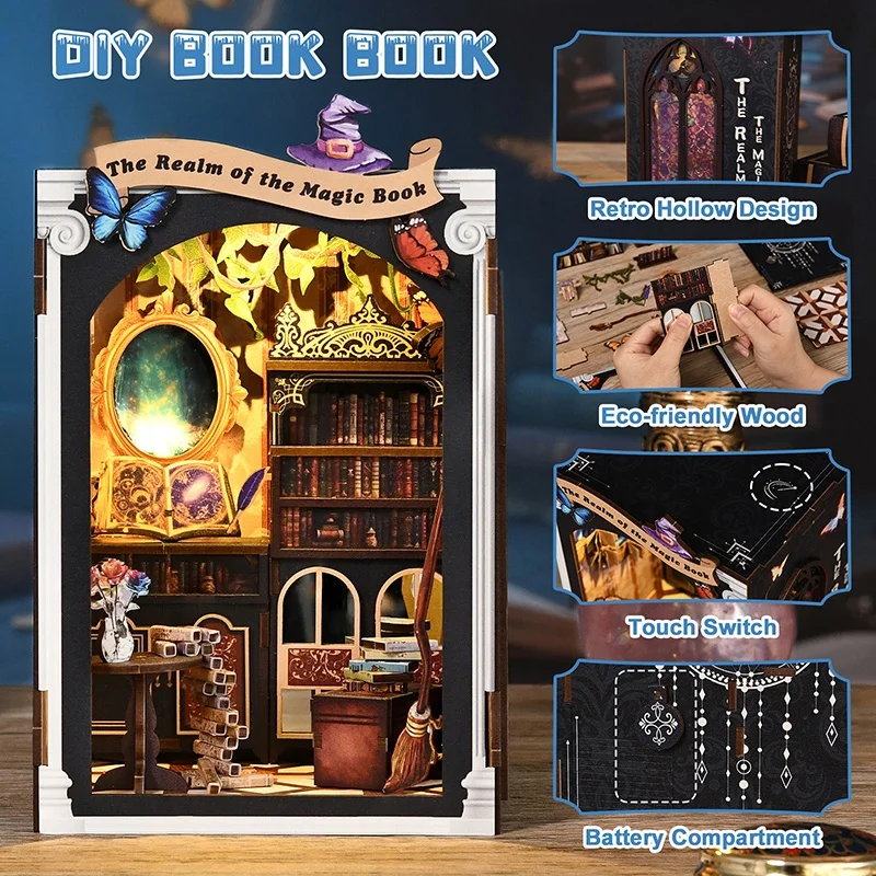 Diy livro nook kits de modelo em miniatura de madeira o reino do livro mágico estante 3d quebra-cabeça estante de natal para amigos presentes
