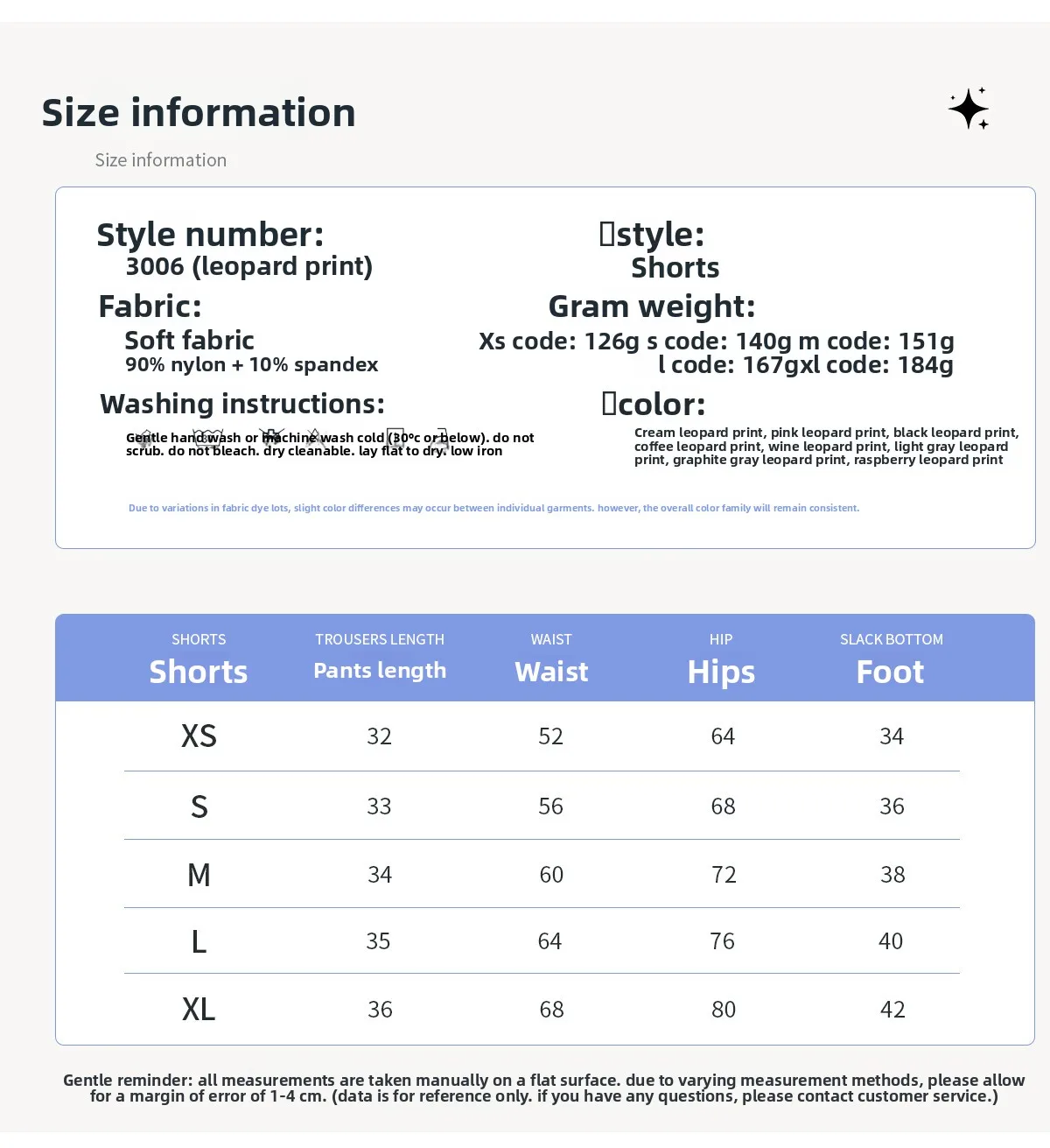 Size chart and fit details
