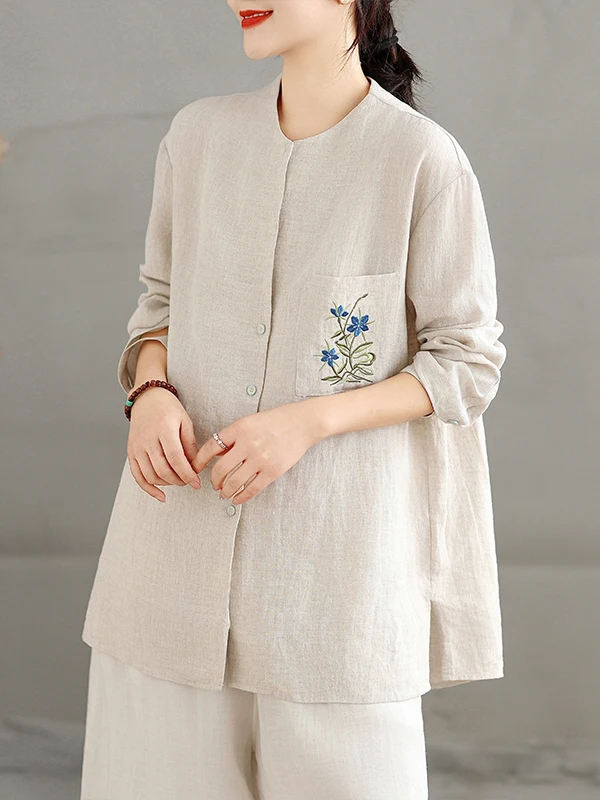 

Casual Cotton Linen Long Sve Embroidered irt Women's New Chinese Sle Loose Fit Artistic Top Spring Autumn Seasonal Wear