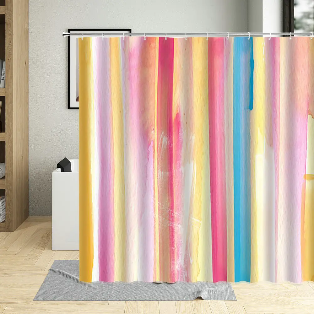 Waterproof Polyester Fabric Shower Curtain with Hooks, Rainbow, Colorful Stripe, Texture Printing, Bathroom Screen, Bath Screen