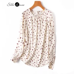 2024 Women's Fashion Spring New 100%Natural Mulberry Silk Plain Satin Round Neck Print Long Sleeved T-shirt